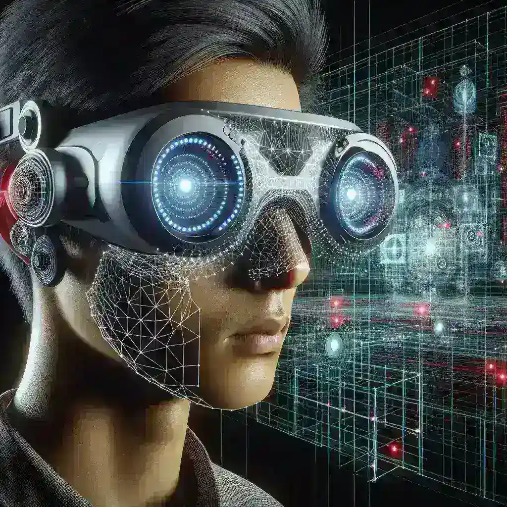 "Close-up of a user wearing a virtual reality headset, showcasing eye-tracking technology in action, enhancing rendering efficiency in immersive VR environments."