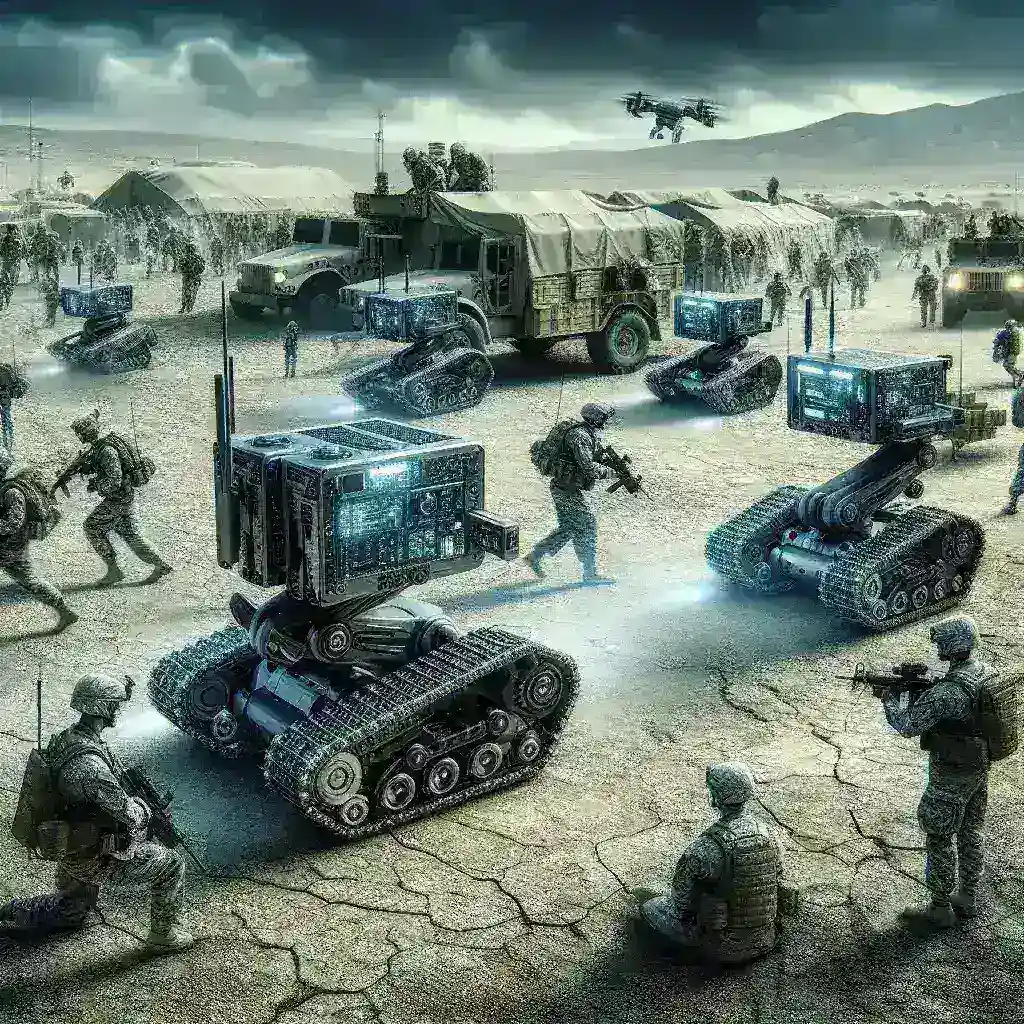 "U.S. Army soldiers interacting with advanced AI-powered battlefield robotics designed for logistics support, showcasing innovation in military technology for enhanced operational efficiency."