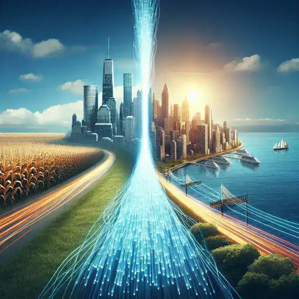 "Comcast technician installing advanced fiber optic cables for new backbone network connecting the Midwest and East Coast, showcasing cutting-edge technology and infrastructure development."