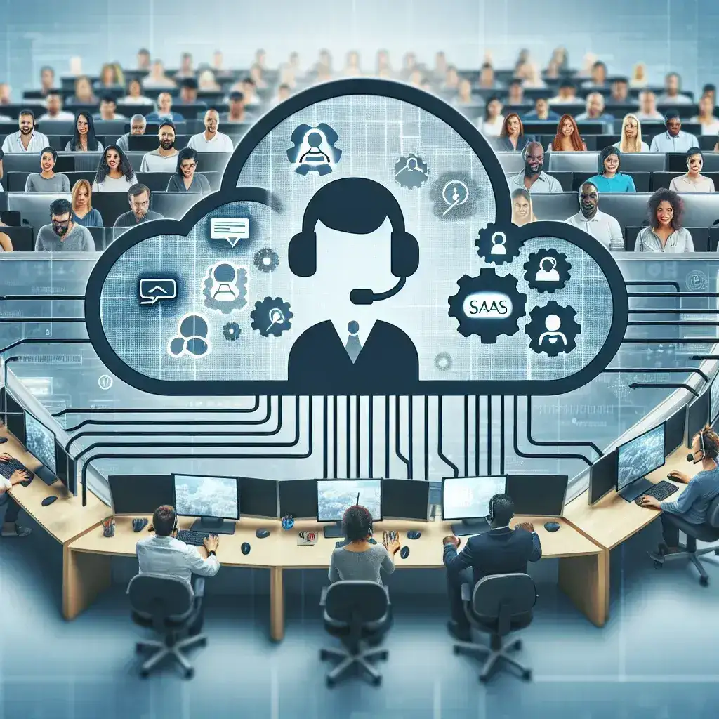 "Customer support team using LLM technology on a SaaS platform to enhance service experience, showcasing a modern workspace with laptops and collaborative tools."